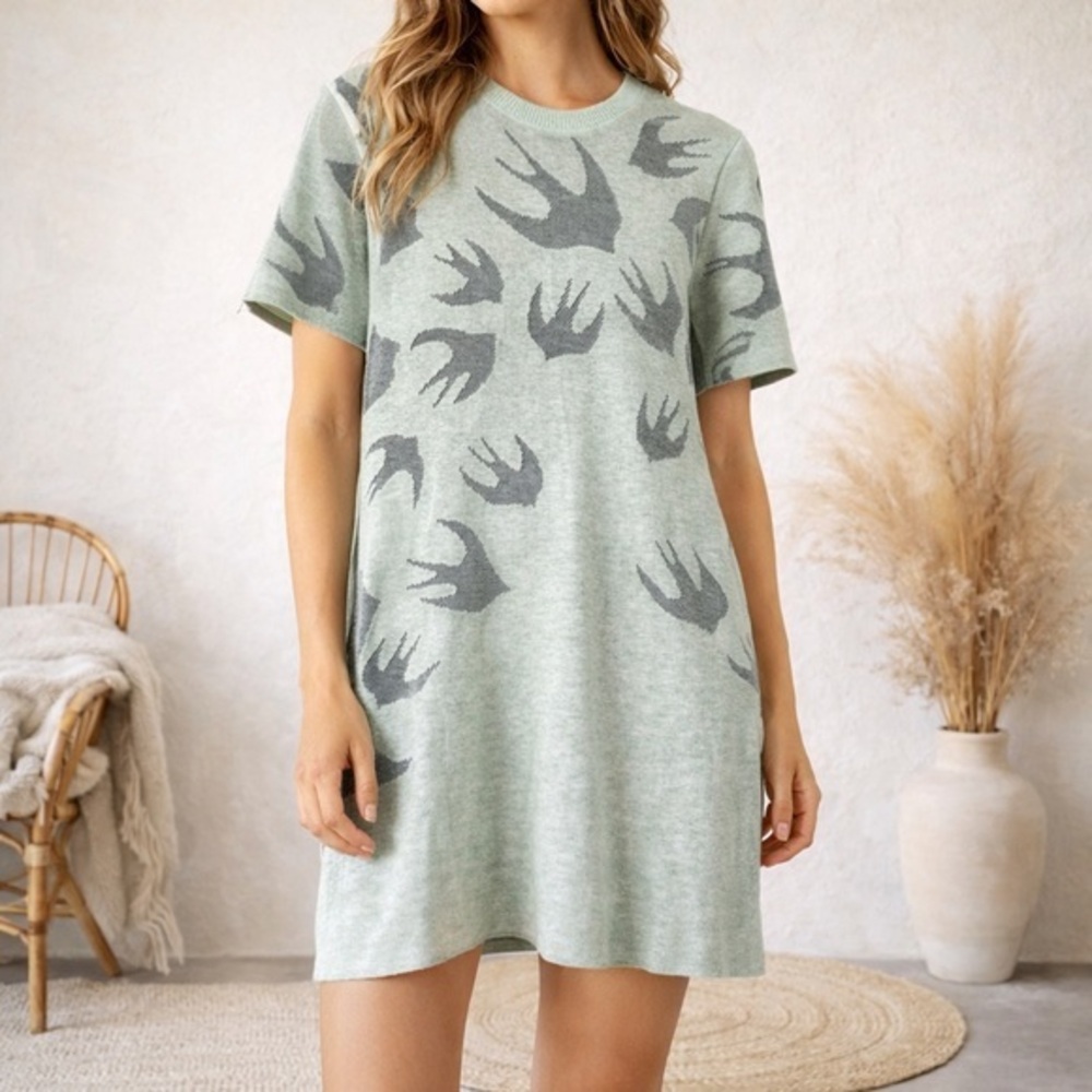 McQ Alexander McQueen Mint Green Swallow Print Mini Shirt Dress